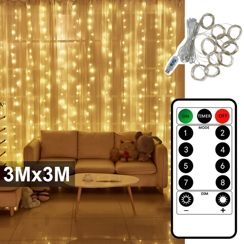 

3x3m Fairy Curtain Light LED Remote Control USB Garland String Lights for Home Bedroom Window Holiday Christmas Party Decoration