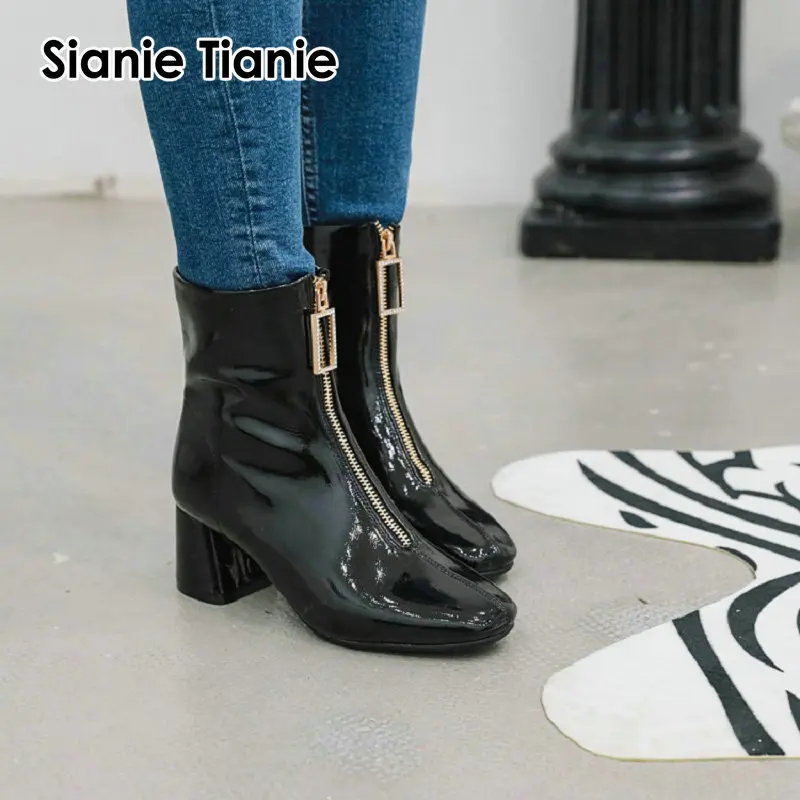 Sianie Tianie/ г. Зимние женские ботинки из лакированной искусственной кожи красные, Черные Ботинки martin на молнии спереди женские ботинки на высоком квадратном массивном каблуке