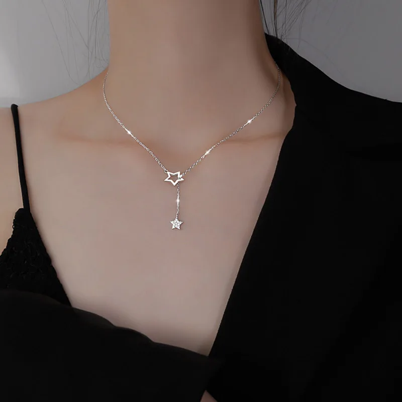 Hot Sale Exquisite 925 Sterling Silver Five-Pointed Star Necklace Shiny Zircon Star Pendant Clavicle Chain For Girl NK060 - Image 5