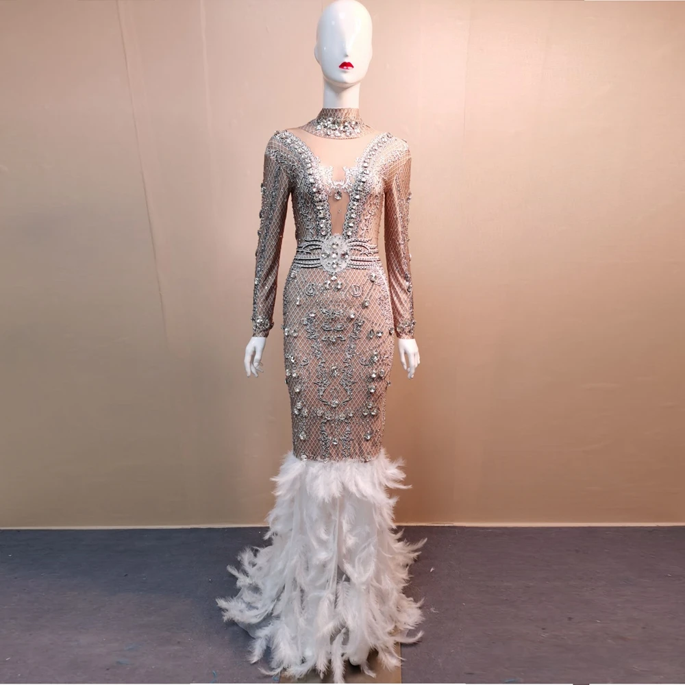2019 Women New fashion Feathers Dress Silver Beads Diamond Long Maxi Evening Celebrity Party Runway Vestidos Eelgant Wholesale | Женская