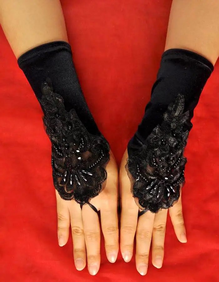 New White Ivory pearls Appliques fingerless wedding bride gloves wrist length black matte satin short gloves wedding accessories