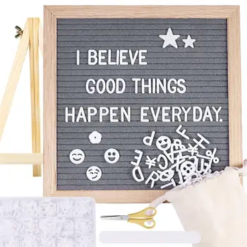 

Grey Felt Letter Board Set with 580 Characters 1 Wood Stand 1 Storage Bag 1 Scissor 1 Nail File 1 Letter Storage Box
