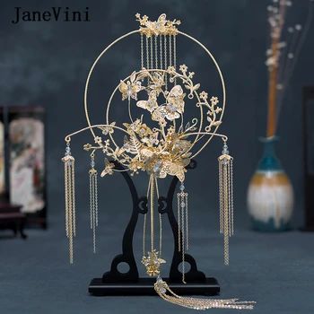 

JaneVini 2020 New Luxury Chinese Bridal Bouquets Fan Type Gold Tassels Handmade Metal Round Hand Fan Flowers Wedding Accessories