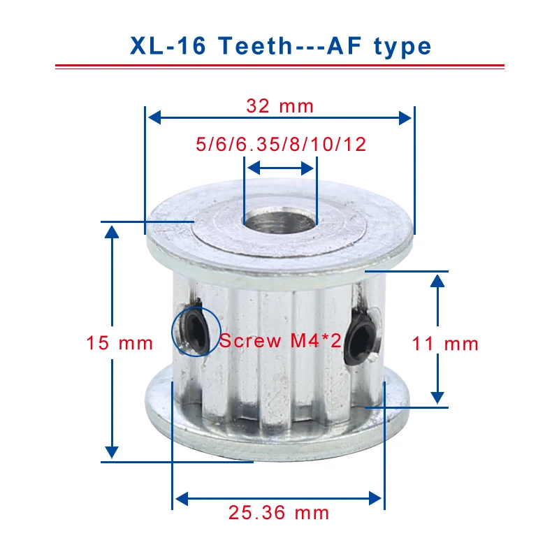 

XL-16T timing pulley teeth pitch 5.08 mm bore 5/6/6.35/8/10/12 mm pulley height 15mm teeth width 11mm for 10mm XL timing belt