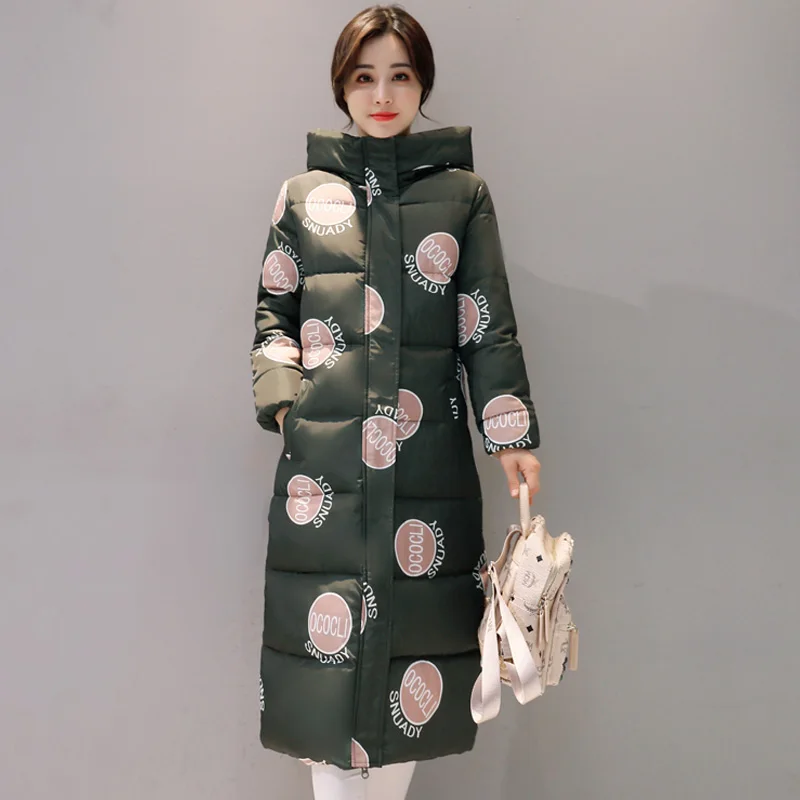 Длинная куртка с капюшоном и принтом casaco feminino inverno, теплая плотная зимняя куртка с хлопковой подкладкой, Женское пальто, парка для женщин - Цвет: RING GREEN