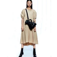 ZOEPO Асимметричные однотонные платья для женщин, модное платье из поплина с круглым вырезом, женское элегантное платье с рукавами-фонариками для женщин JK