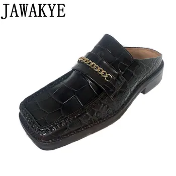 

Crocodile pattern slippers 2020 retro British style lazy loafers square Toe mules with metal chain women's singles shoes