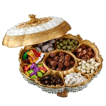 

Top Grade Luxury European Fruit Plate Handmade Rhinestone Ceramic Plate Dried Fruit Trinket Dishes Snack Tray Dessert Tray Gold