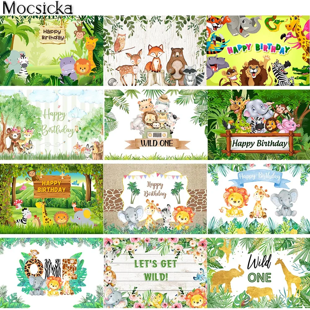 

Mocsicka Jungle Safari Happy Birthday Backdrop Woodland Animal Baby Shower Photo Background Customize Birthday Party Banner