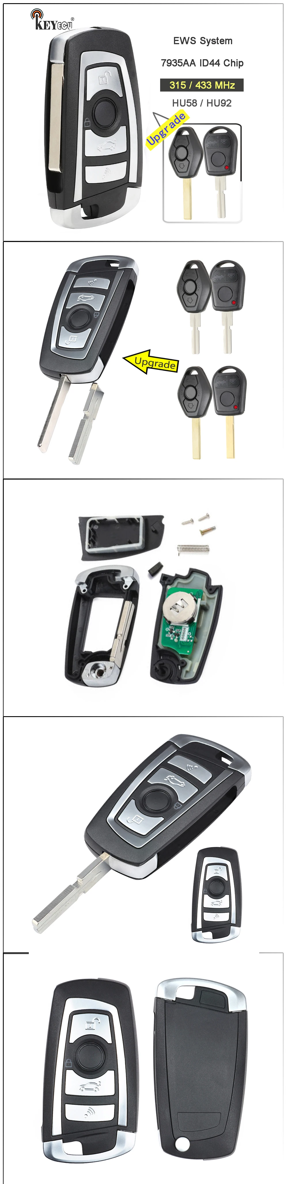 Keyforkess EWS 315MHz/433MHz ID44 PCF7935AA chiave remota pieghevole modificata Chip per chiave BMW 330 318 525 530 540 E38 E46 M5 X3 X5 HU92 HU58 - Hdae22691c1d94d62b363e6e947304360Z