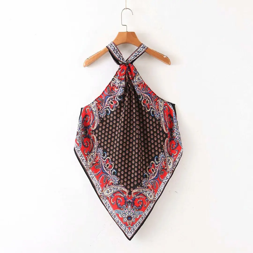 ZA Spring Summer Printed Sling Tops Women T Shirt Fashion Clothes Sleeveless Printing Halter Top Statement Clothing New