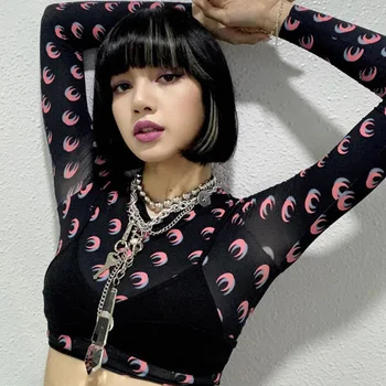 

women's Autumn Pullover Street Women's Sexy Camisole Two-piece Fashion Moon Print T-shirt Black Cropped Long Sleeve Slim Clothes