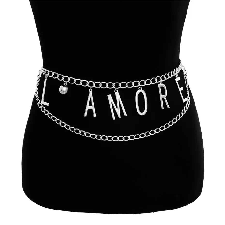 Silver Color Ingemark Gypsy LAMORE письмо живота талии цепи джинсовое платье аксессуары индивидуальность Индия Металл Любовь Пояс украшения для тела для женщин - Metal color: Silver Color