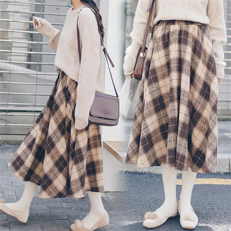 Японский Mori Girl осень зима для женщин клетчатая юбка высокая талия теплые шерстяные Винтаж Jupe Longue элегантные милые Kawaii Лолита Юбки