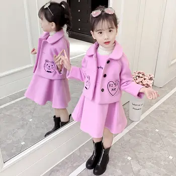 

Children Sets Spring and Autumn Girls Suit 2020 New Children Little Girl Coat Big Children Autumn Dress Woolen Two Piece Suit