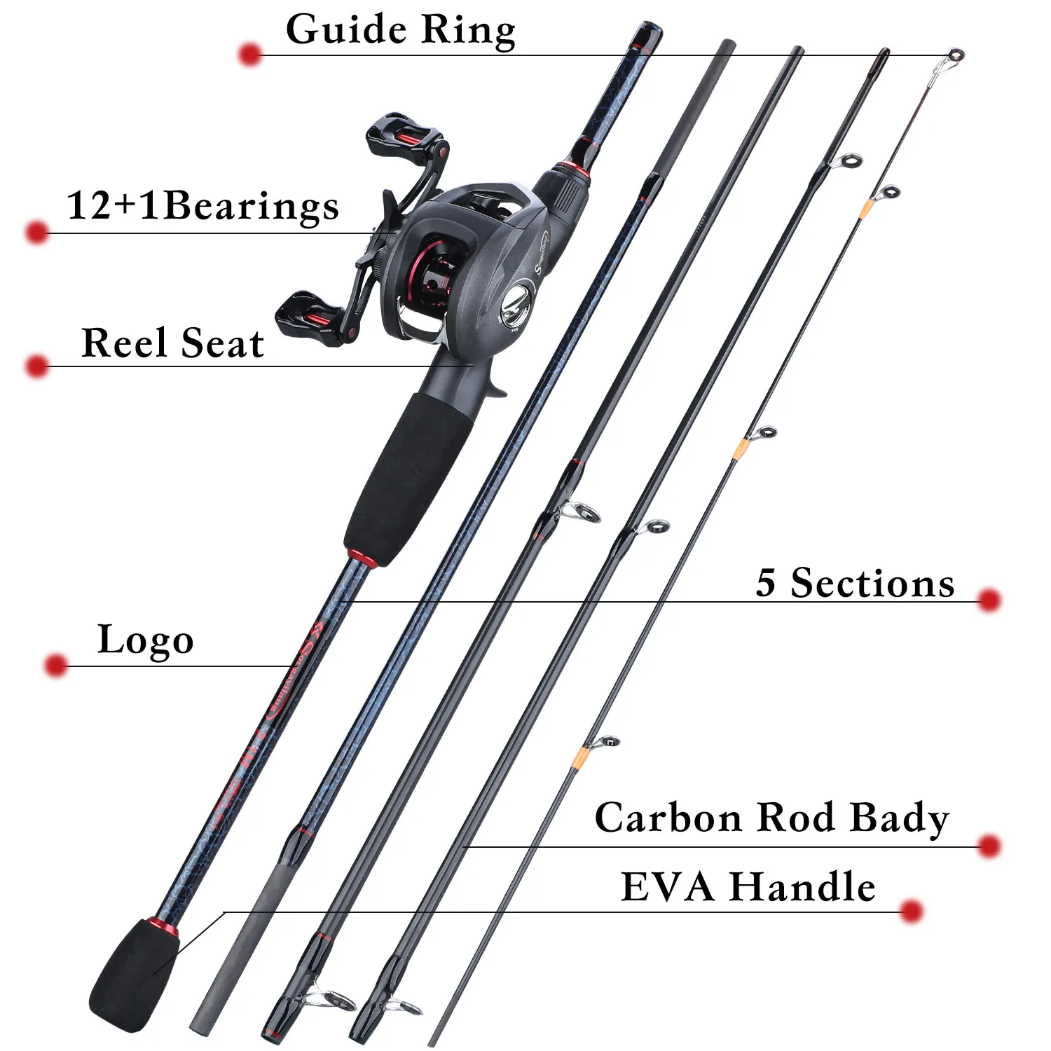 Sougayilang Fishing 1.8-2.4m Rod Combo Portable 5 Section Carbon Fishing Rod and 6.3:1 Gear Ratio12+1bb Casting Reel Set Sougayilang Fishing 1.8-2.4m Rod Combo Portable 5 Section Carbon Fishing Rod and 6.3:1 Gear Ratio12+1bb Casting Reel Set