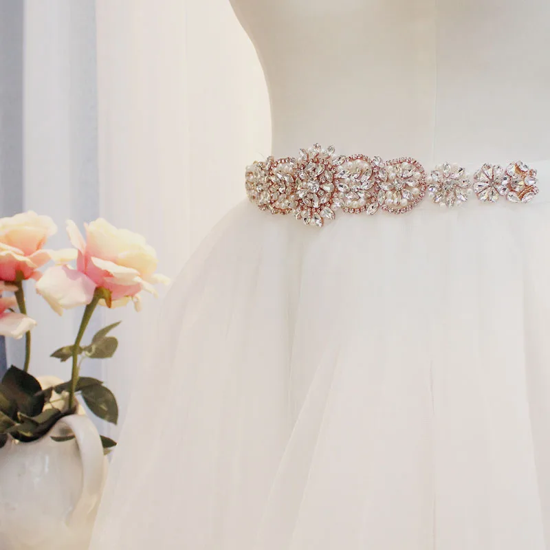 SLBRIDAL розовое золото Кристалл Свадебный Пояс атласные Стразы вечернее платье для выпускного вечера пояс Свадебная лента пояс женские свадебные аксессуары