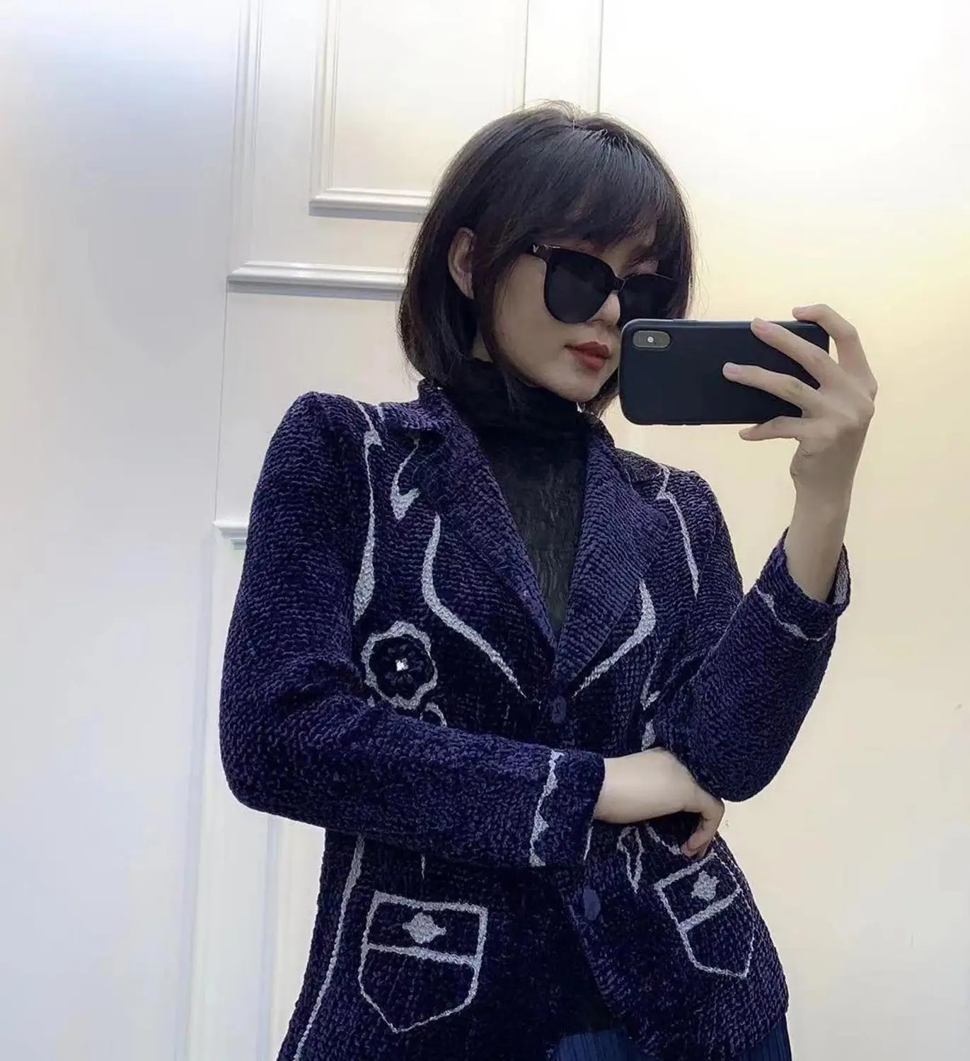 Горячая Miyake fold бархатное модное пальто с длинными рукавами и принтом, однобортное пальто с отложным воротником - Цвет: Тёмно-синий