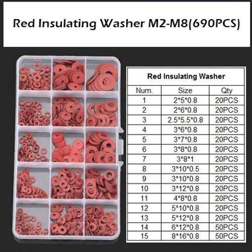 

WHUZF 690Pcs/set M2 M2.5 M3 M4 M5 M6 M8 Flat Red Insulation Washers Red Paper Meson Gasket Spacer Insulating Spacers Kit HW050