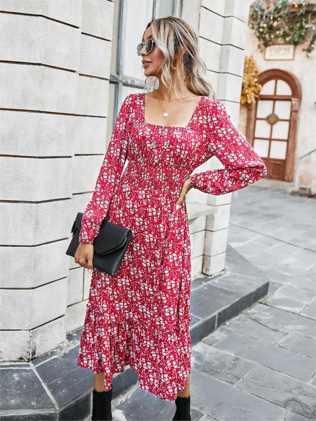 Chifirena Elegant Party Mid-Length Vintage Autumn Dress Women Square Collar Floral Print Ruffles Casual Dresses Minie Vestidos