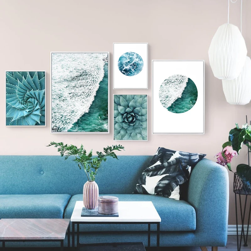 Scandinavian Blue Sea Beach Canvas Painting Motto Text Poster and Print Landscape Nature Decor Succulent Plants Wall Pictures | Дом и сад