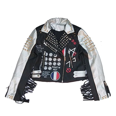 ZURICHOUSE Punk Women's Leather Jacket Graffiti Print Motorcycle Biker PU Coat Rivet Tassel Faux Leather Jackets For Women - Цвет: White