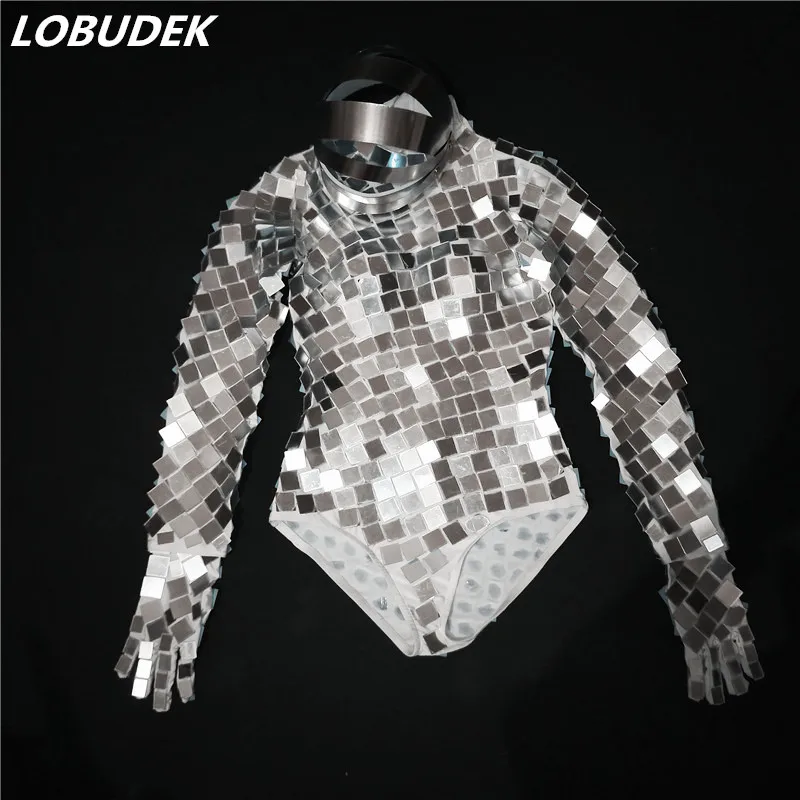 Shining Mirror Bodysuit+Gloves+Headdress Machine Dance Costume Silver Sequins Jumpsuit Lady DJ Singer Jazz Space Dance Costume