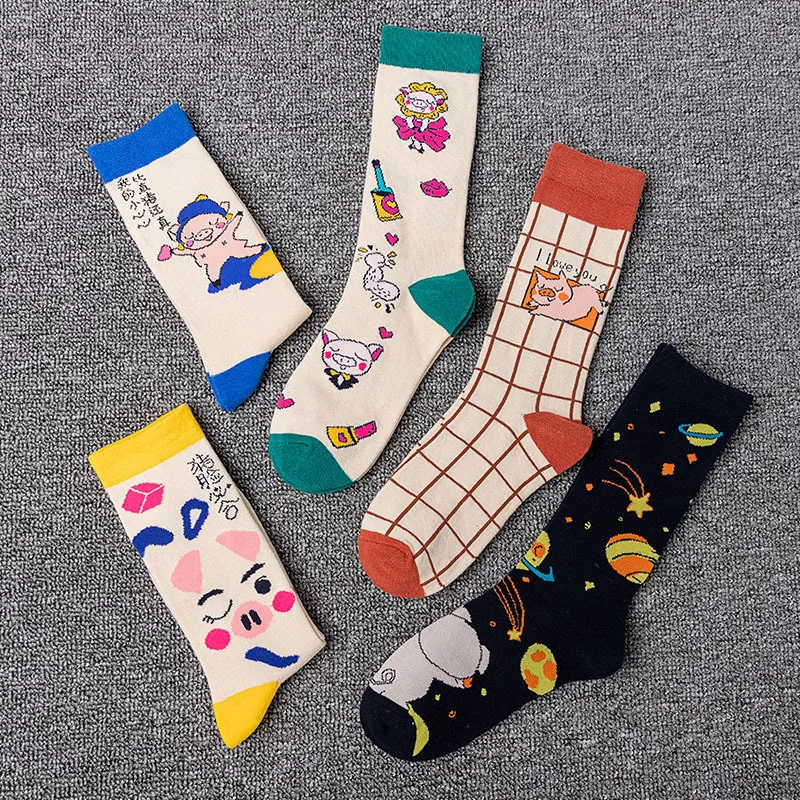 New Spring High Quality Cotton Socks Woman Cartoon Cute Pig Animal Socks Funny Creative Pattern Middle Tube Kawaii Female Socks