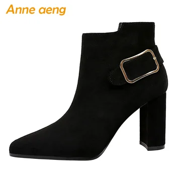

2019 New Winter Women Ankle Boots High Square Heel Pointed Toe Solid Buckle Zipper Sexy Ladies Women Shoes Black Short Boots