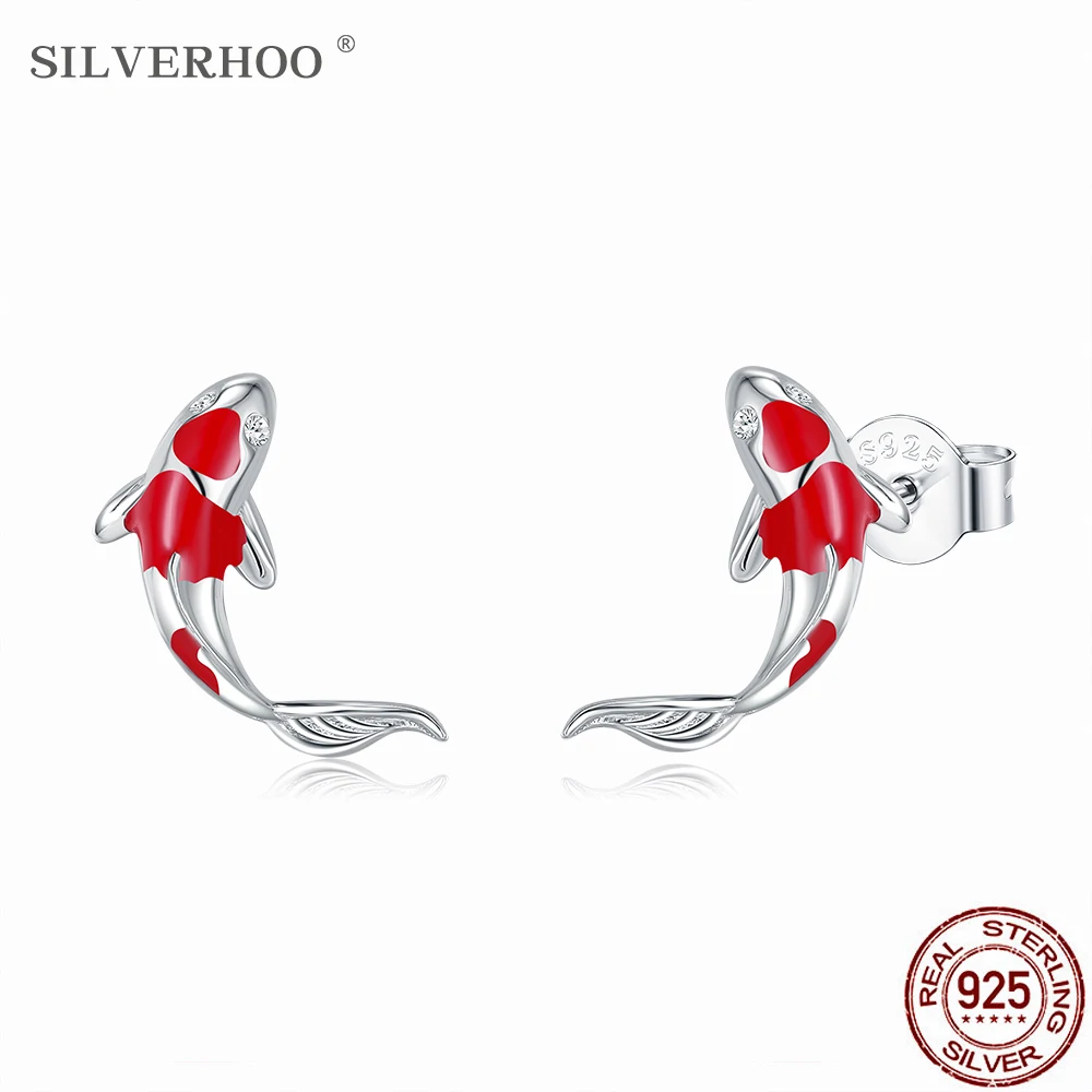 Stud-Earrings SILVERHOO 925-Sterling-Silver Fish Women Real Enamel Red for Koi-Ear Trendy