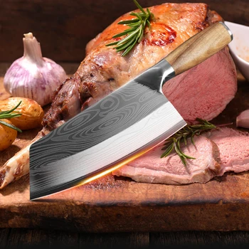 

Kitchen Knife Damascus Laser Pattern Chinese Chef Knife Stainless Steel Butcher Knife Wood Handle Cleaver Meat Chopping Knife