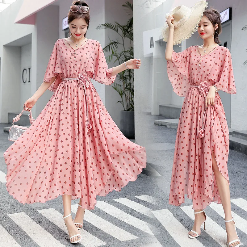 

Summer V-neck Polka Dot Chiffon Dress Women's 2019 New Style Slimming Flounced Sleeves Fairy Big Skirt Goddess Long Skirts