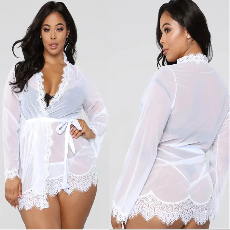 Plus Size Mesh Nightgown Robe With G String + Belt Erotic Lace Babydoll Lingerie sexy kimono Sleepwear Women Underwear Dresses (4)