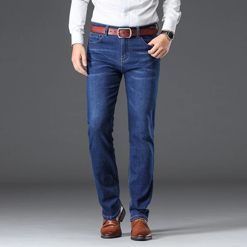 Классический Стиль модные Для мужчин офисные джинсы деловые, casual, эластичные, обтягивающие, и хлопковой подкладкой для мальчиков, джинсовые штаны размера плюс, 51, 52 55 56