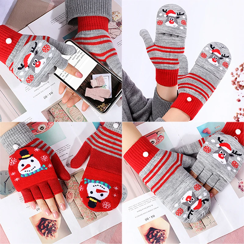 1Pair Women Vintage Christmas Deer Knitted Gloves Thicken Touch Screen Gloves Winter Warm Snow Elk Full Finger Mittens Xmas Gift
