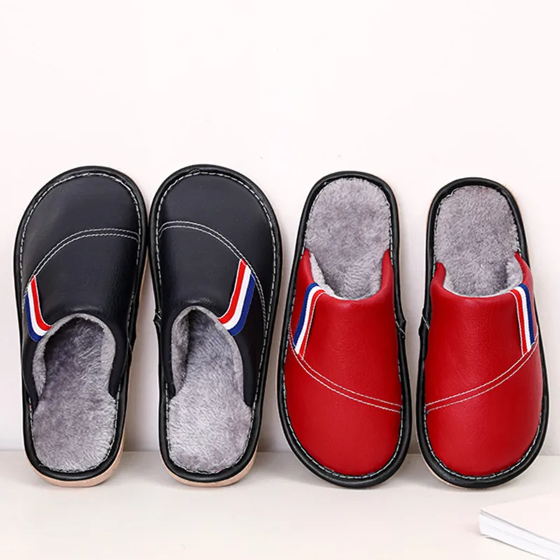 

Winter Warm Indoor Cotton Slippers Men And Women Couples Household PU Leather Waterproof Slip Corduroy tuo xi