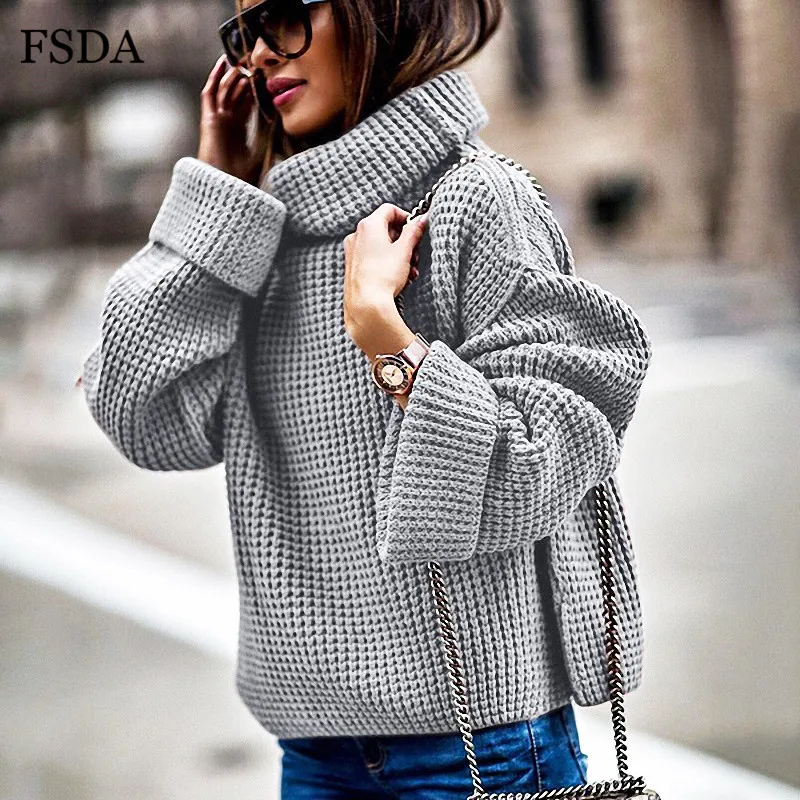 FSDA, свободная водолазка, трикотаж, женский свитер, верх размера d, длинный рукав размера плюс, Осень-зима, белый, серый, черный, теплый Повседневный пуловер