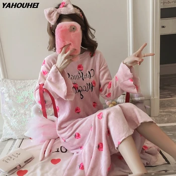 

2019 Winter Thick Warm Flannel Nightgowns For Women Long Sleeve Coral Velvet Nightdress Girls Loose Print Night Dress Sleepwear