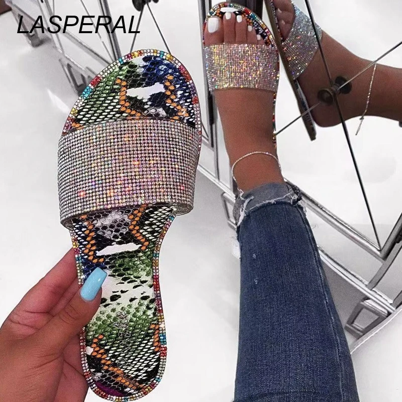 

LASPERAL 2020 Summer Women's Flat Slippers Sandals Rhinestones Candy-colored Sole Stripes Sexy Party Woman Shoes