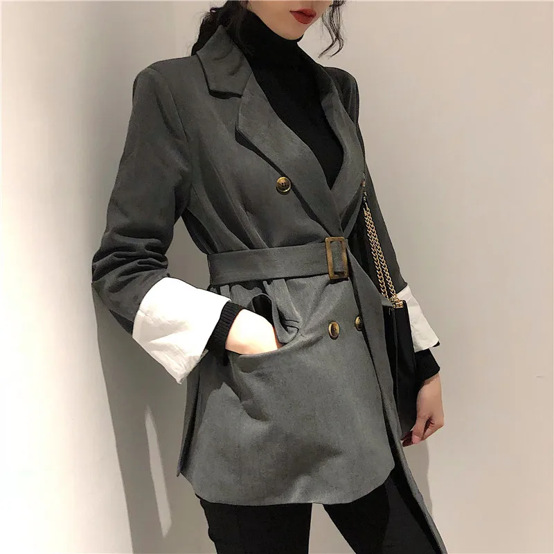 Корейский женский негабаритный блейзер тонкий черный пиджак и куртки Femme Tie Up Chaqueta Mujer Bleiser Feminino