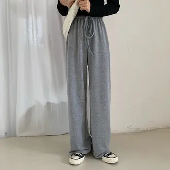 

Elastic Casual Wide Leg Pants 2020 Solid Leisure High Waist Loose Full Length Women Straight All-Match Trousers