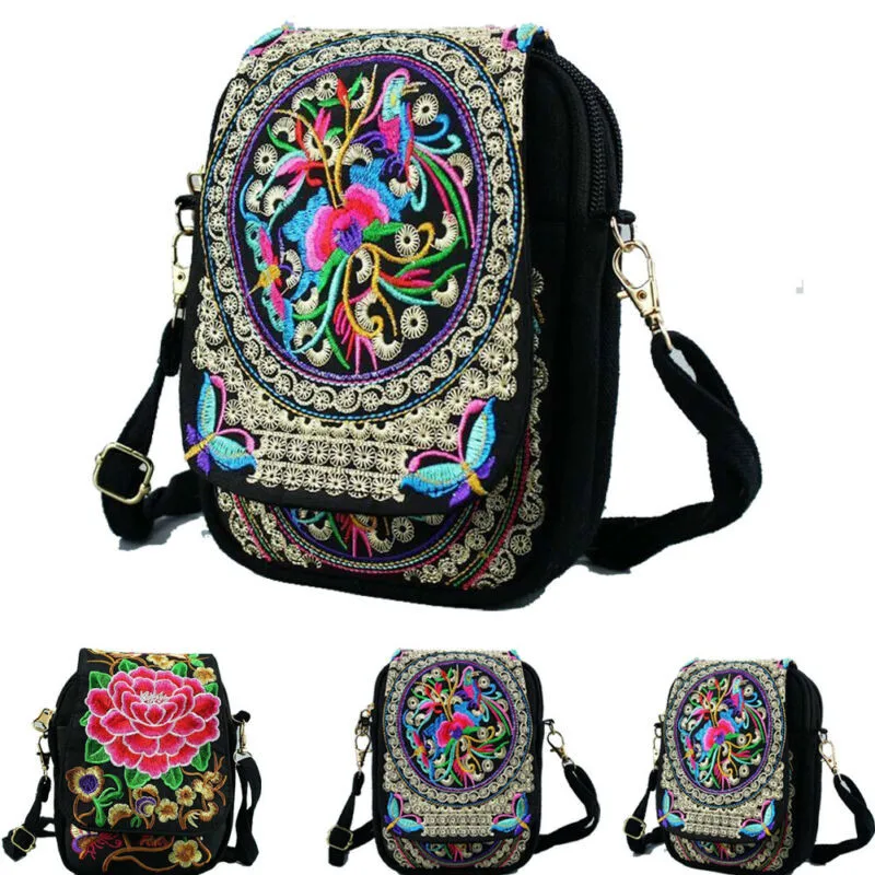 

Women Crossbody Cell Phone Case Shoulder Bag Ethnic Embroidered Messenger Bag Vintage Multifunction Canvas Travel Coin Purses