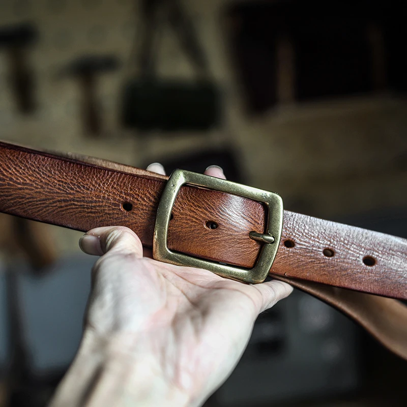 Men's Ultra-thick Full-grain Cowhide Belt Brown And Black Handmade Vintage Brass Buckle Cowhide Easy Tooling Jeans Belt 130cm