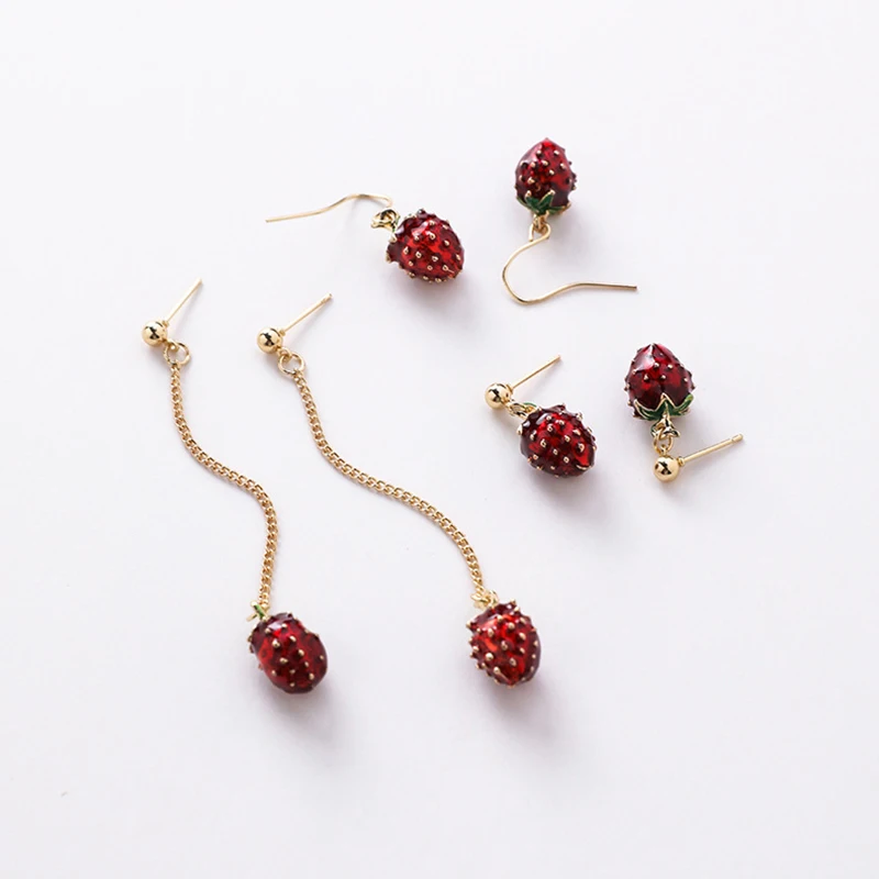 

Summer Style Sweet Drop Dangle Earrings Simple Fruit Drop Glaze Strawberry Long Chain Tassel Hook Earrings For Fashion Girl Gift