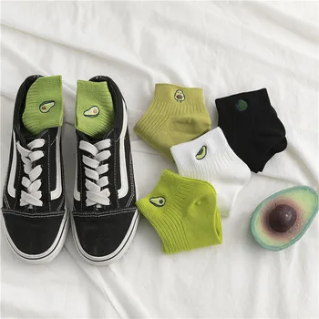 

Women Solid Avocado Embroidery Socks Concise Casual Joker Cotton Short Socks For Ladies College Style Breathable Sox Trendy