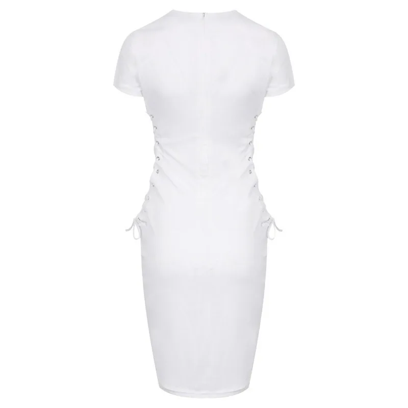 Женское платье с коротким рукавом и боковой повязкой, женское однотонное белое элегантное платье миди, рабочая одежда с круглым вырезом, облегающее платье