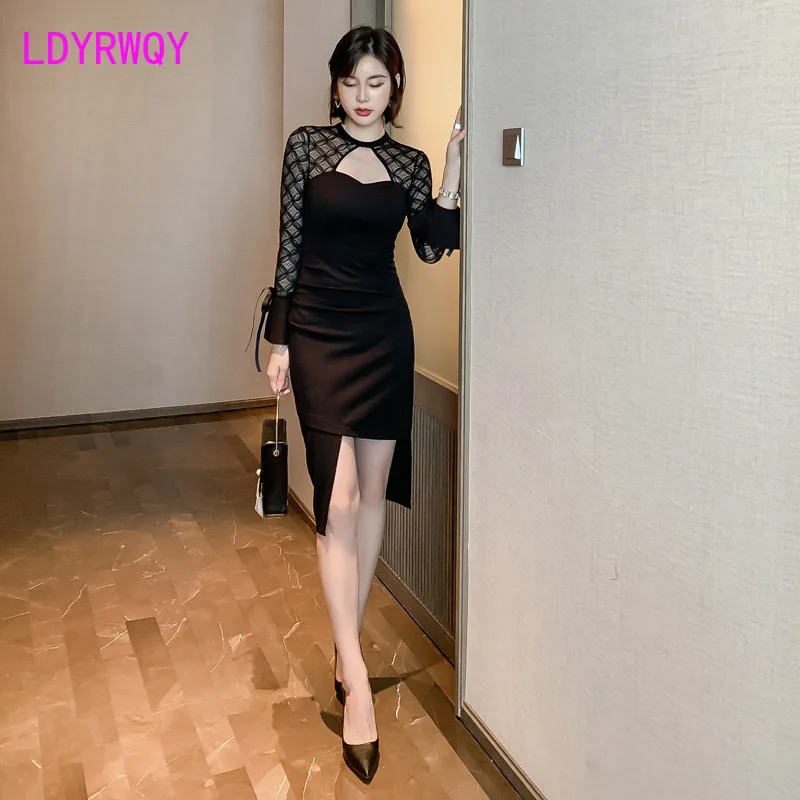 2019 autumn sexy low-cut openwork lace stitching  sleeve irregular bag arm bottoming dress