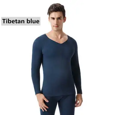 MITEKSAN комплект термобелья, мужские теплые кальсоны с v-образным вырезом и бархатом, теплые мужские зимние модные штаны+ рубашки, 2 шт., Новинка - Color: Blue