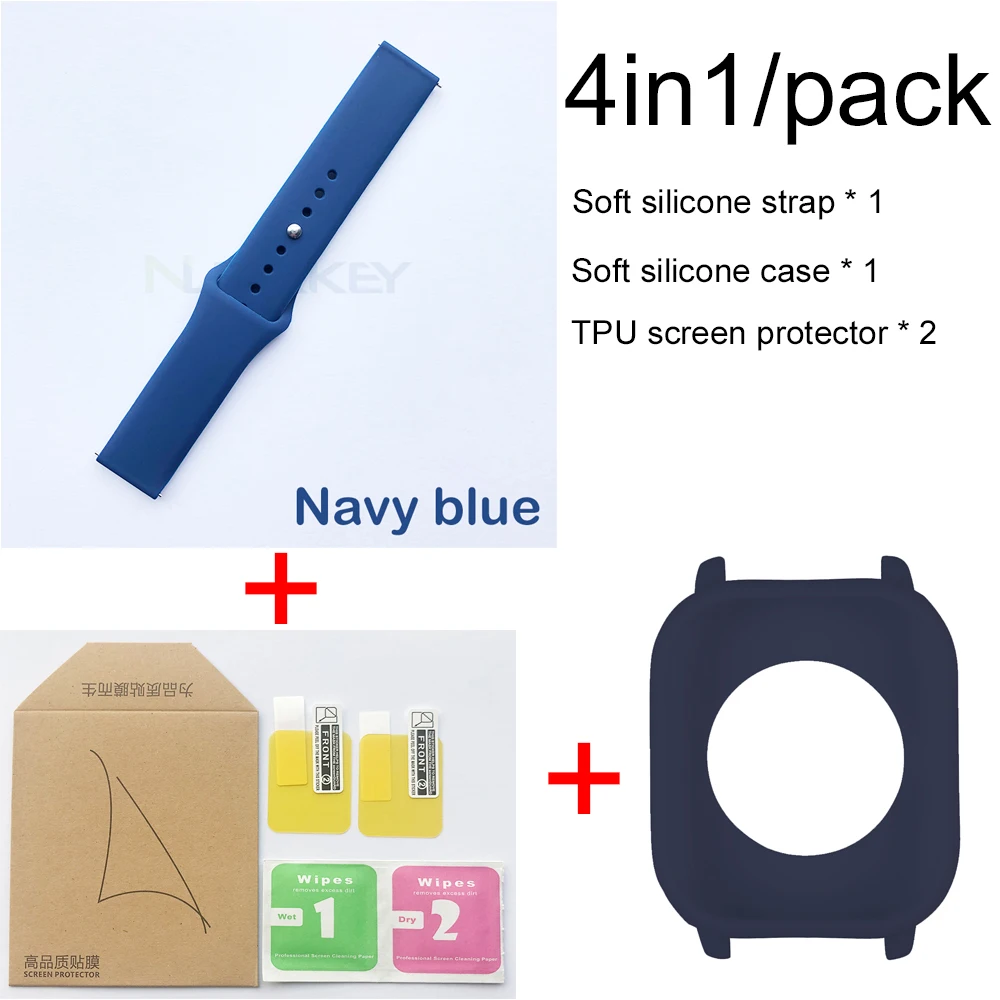 Navy blue-Navy blue 4в1 Мягкая силиконовая лента для Xiaomi Huami Amazfit GTS ремешок браслет часы с Мягкий силиконовый чехол Защитная пленка для экрана - Цвет: Navy blue-Navy blue