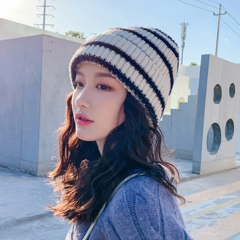 Beige Простая вязанная шапка в полоску для женщин, зимняя шапка Skullies Beanies, теплая шапка Gravity falks, женская шапка - Цвет: Beige